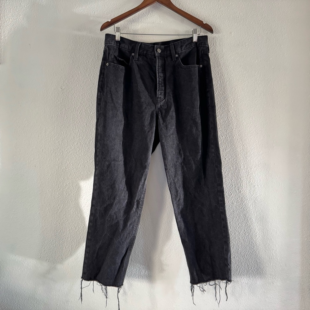 OLD NAVY Sky-Hi Straight Jeans Size 12 Extra High Rise Black Raw Hem Button Fly - Picture 16 of 16